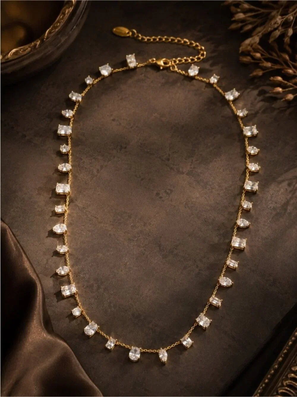 Gold Necklace with Clear Crystal Drops